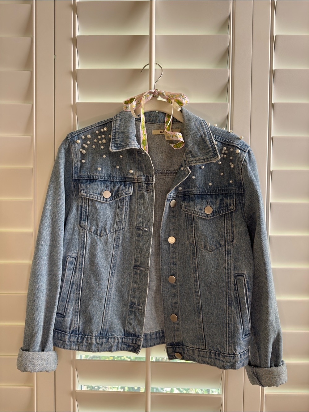 Francesca's Collections Light Blue Denim Jacket with Pearl Embellishments